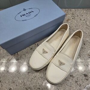 Prada Avorio Ivory‎ Leather Driving Loafers Shoes Women Size 39